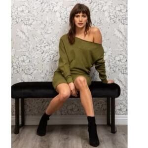 N:PHILANTHROPY Lucia Dress Olive Green Off the Shoulder Sweatshirt Small NWT